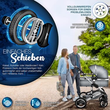 Дитяча коляска 3 в 1 KIDUKU® XXL Комплект | Комбінована коляска з люлькою, візком та автокріслом | З підніжкою, сумкою для підгузків, гріючою для рук, дощовиком, столиком для дитини | З гумовими колесами ECE R129 сірого/срібного кольору