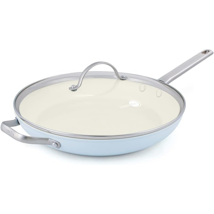 Сковорода GreenPan Padova з антипригарним покриттям Ceramic Antihaftbeschichtung, 30.5 см з кришкою та допоміжним ручками, без PFAS, придатна для миття в посудомийній машині, світло-блакитна