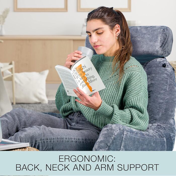 Велике подушко-крісло для читання Malu, ергономічна подушка з підтримкою спини для ліжка + ролик для шиї, з подрібненим пінополіуретаном Memory Foam, для використання в ліжку, на дивані або на підлозі, чорний