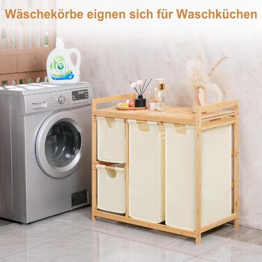 Бамбуковий кошик для білизни iEGrow з 4 відділеннями (150л), з полицею для брудної білизни, Oxford-тканина, 2 x 50л, 2 x 25л, бежевий