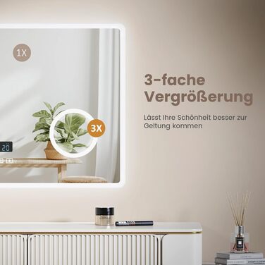 EMKE® LED дзеркало для ванної кімнати 80x60 см з підсвічуванням, регулюванням, годинником та Bluetooth, IP44, 3 кольори світла