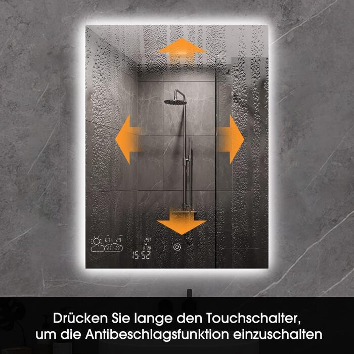 Дзеркало для ванної кімнати LED ByeCold 60x80 см з підсвічуванням, антизапарювання, WiFi, погода та дата, сенсорне управління