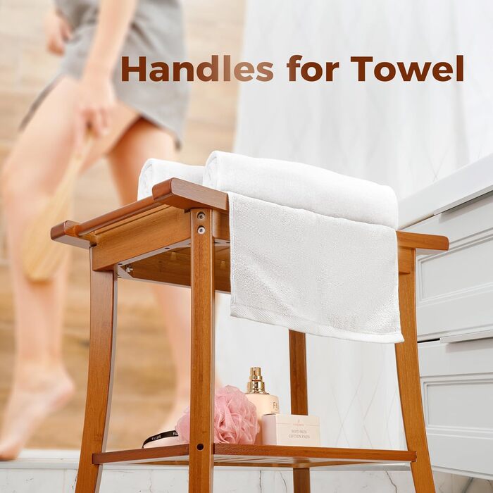 Банкетка для душу Utoplike з бамбука, коричнева, з ручками та полицею для зберігання, дерев'яний стілець для ванної кімнати, органайзер для рушників, спа-процедур та організації