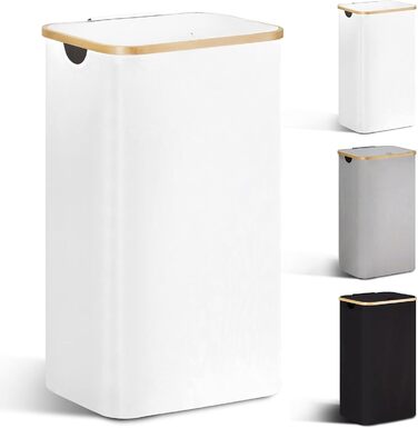 Кошик для білизни Youdenova з кришкою 85л, бамбук та дерево, сортувальник для білизни, великий, складний, білий