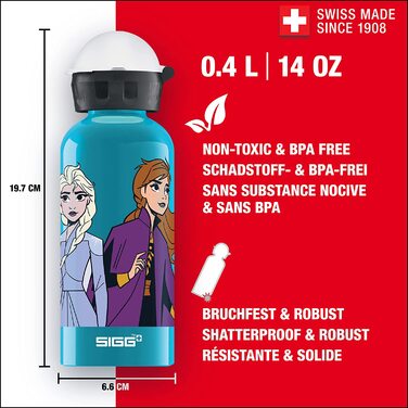 Алюмінієва пляшка для пиття SIGG для дітей-KBT Disney герметична-легка, не містить бісфенолу А, сертифікована з нульовим викидом вуглецю - 0,4 л Анна і Ельза Сингл