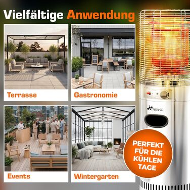 Газовий обігрівач TRESKO® 11 кВт на колесах | Обігрівач для тераси, балкона та саду | Газовий нагрівач-гриб з шлангом та регулятором (сріблястий)