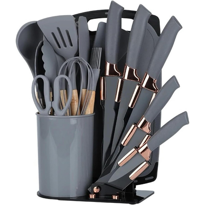Набір кухонних ножів 19 в 1 з бруском, аксесуари для кухні та набір ножів, включає силіконовий набір кухонного інвентарю, 5 штук гострих ножів з нержавіючої сталі, ножиці та дошку для нарізання (сірий)