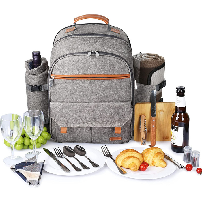 Набір для пікніка Sunflora з ізольованим контейнером та ковдрою, пікніковий кошик для кемпінгу та відпочинку на природі (Блакитний та смужки) Блакитний та смужки (Бежевий, на 2 особи)