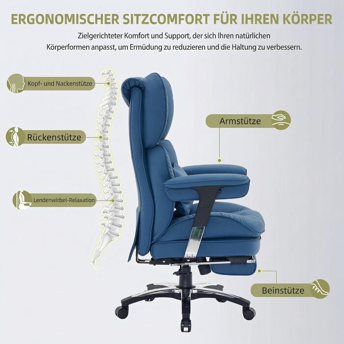 Офісний стілець Efomao X-Stickerei для дому та офісу, шкіряний (PU), з регульованою спинкою, підставкою для ніг та підтримкою попереку, витримує до 200 кг, чорний