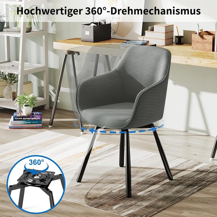 LEWE Комплект з 4-х обертових стільців для їдальні з підлокітниками, сірий. Сучасні стільці для кухні/вітальні з дерев'яними ніжками та спинкою.