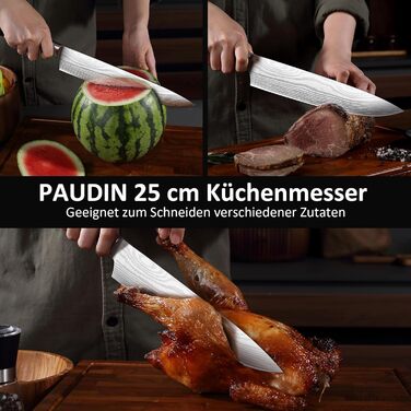 PAUDIN Ніж Сантоку з Дамаску, 13 см - професійний кухонний ніж, висока якість, гостра сталь, ергономічна ручка G10