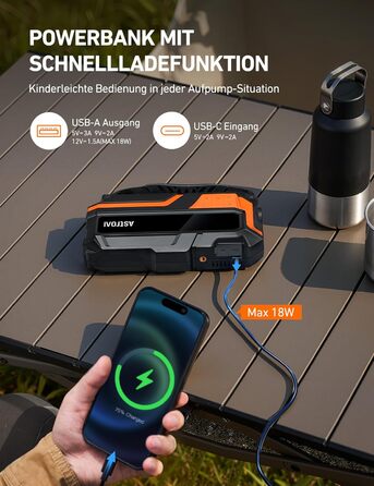 Powerbank AstroAI MF16 6000A з компресором 150PSI: старт для авто, мото, SUV (12V, 10L бензин/8L дизель), LED-дисплей, помаранчевий