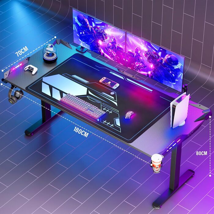 Ігровий стіл Himimi 160x70 см з LED підсвічуванням, стіл для ПК з карбоновою поверхнею, стіл геймера з органайзером для кабелів, тримачем для напоїв та гачком для навушників (Чорний)
