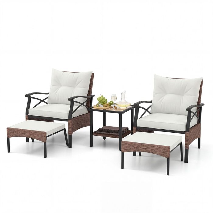 Садовий набір меблів COSTWAY з ротангу, 5 предметів: 2 крісла з подушками, пуф та стіл для балкона, тераси, саду (коричневий + бежевий)