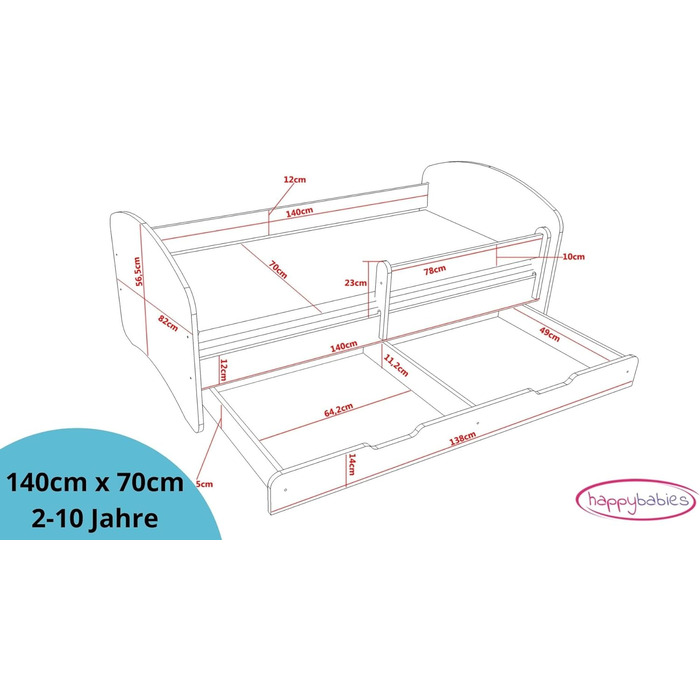 Дитяче ліжко Happy Babies із захистом від випадання Ліжко для зберігання дитячої кімнати 140x70 з матрацом Односпальне ліжко Діти Хлопчик Дівчатка Біле Дерево Коричневе (Niebieskie)