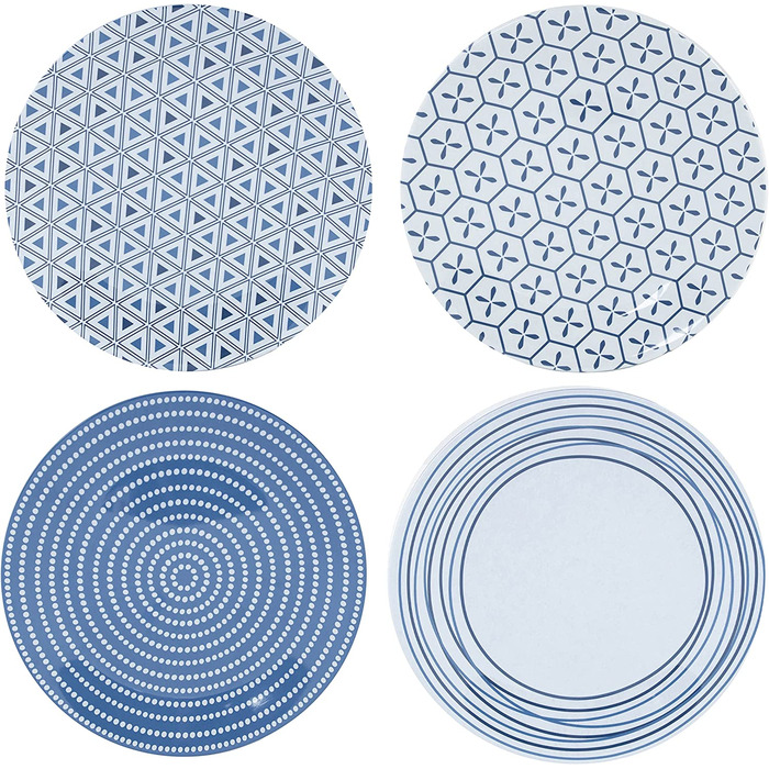 Набір посуду для кемпінгу на 4 особи, блакитно-білий, з меламіну, 16 предметів. Ідеально для кемпінгу, автодому та пікніків