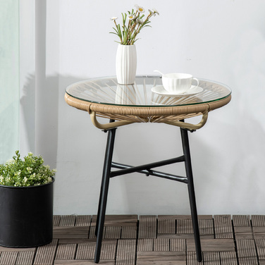 Бохо-стіл для саду, ротанг PE, скло, стійке до погодних умов, 50 см x 50 см x 50 см, бежевий