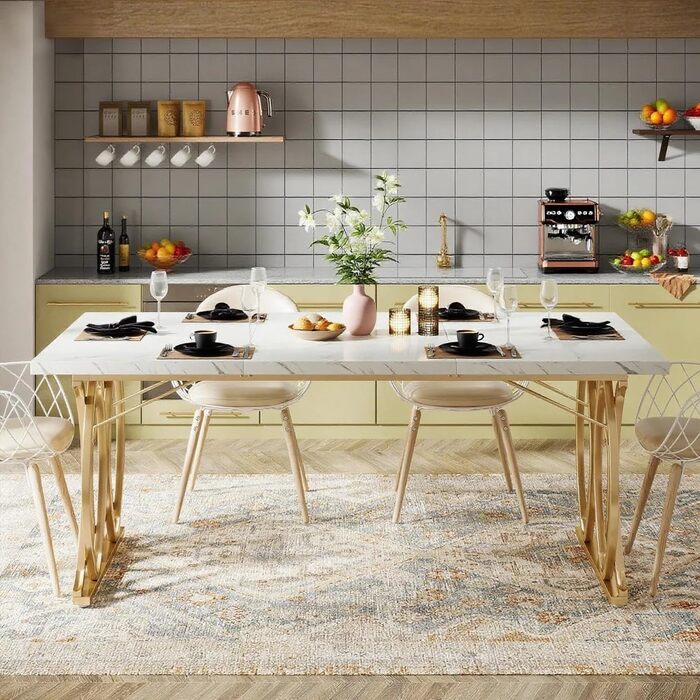 Білий обідній стіл 160x80 см з металевим каркасом та стільницею з акрилового каменю (Kunstmarmor) - для їдальні та кухні