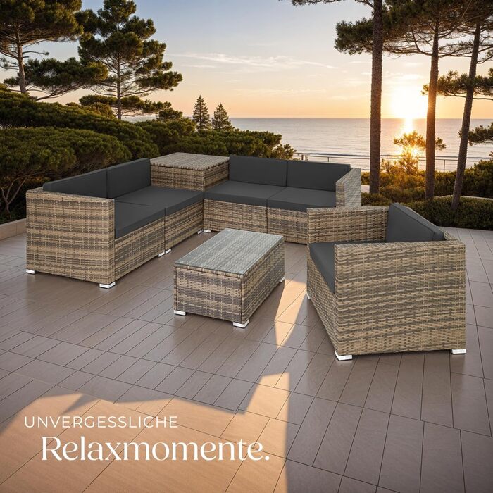 Набір садово-розсувний меблів tectake з коробкою для зберігання подушок, стіл зі скляною стільницею, ротанговий лаунж для саду та балкону | 403725