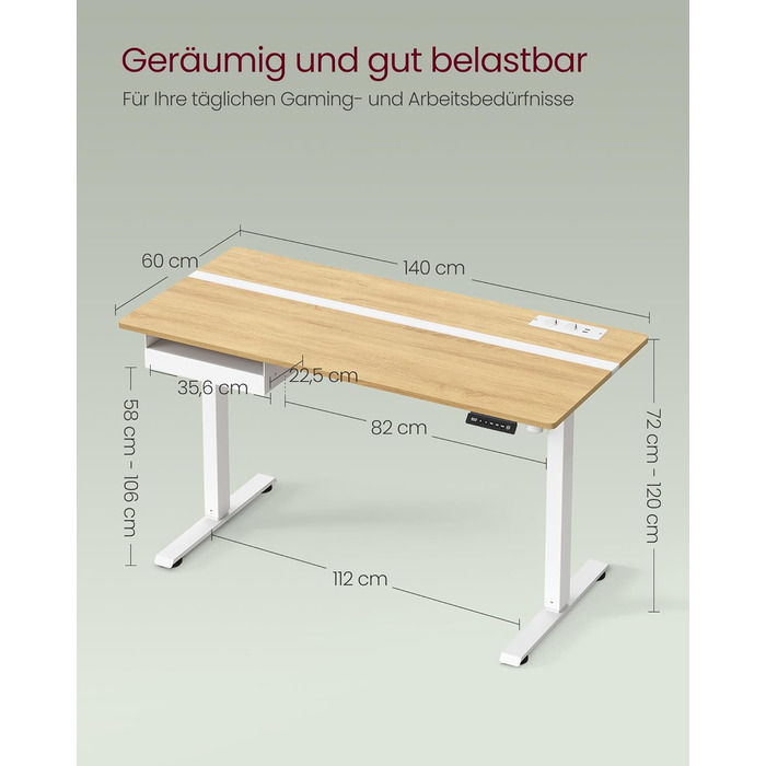 Електричний регульований стіл VASAGLE з пам'яттю висоти, з розетками та ящиком для зберігання, хмаринно-білий + золотий дуб, LSD112W01