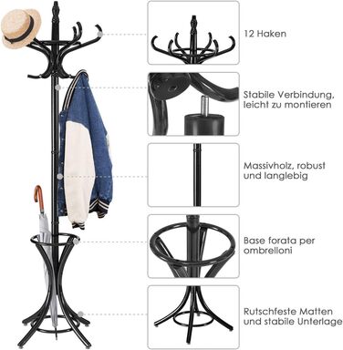 Стойка для одягу GIANTEX з підставкою для парасольки, дерев'яна, 12 гачків, для прихожей/вітальні (чорна)