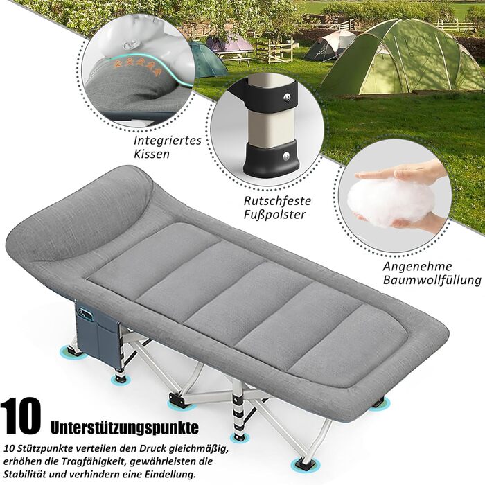 Розкладне кемпінгове ліжко CALIYO з матрацом, 200x80x40 см, витримує до 200 кг, сталевий каркас, тканина Оксфорд, сіре (з сумкою для зберігання)