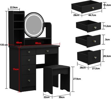 Туалетний столик зі світлодіодом, 3 кольори, 5 ящиків, дзеркало, табурет, чорний, 80x40x135 см, МДФ
