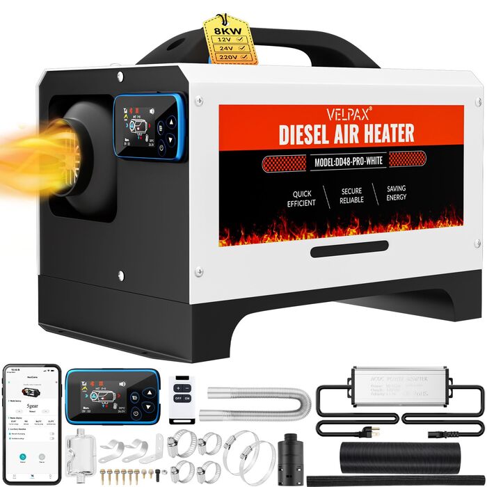 Дизельний обігрівач Diesel Air Heater 8 кВт з дистанційним керуванням та LCD дисплеєм 12/24/110-240 В, Bluetooth, для автодому, автомобіля, причепа
