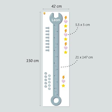 Персоналізована вимірювальна паличка як настінне татуювання для дитячої кімнати Для вимірювання висоти до 160 см Включаючи індивідуальну персоналізацію - (гайковий ключ)