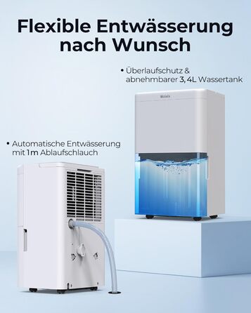 Електричний осушувач повітря Woleix 20L: для підвалу, кімнат до 150 м³, 39dB, з таймером, фільтром та 1м шлангом, гарантія 10 років (2 шт.)