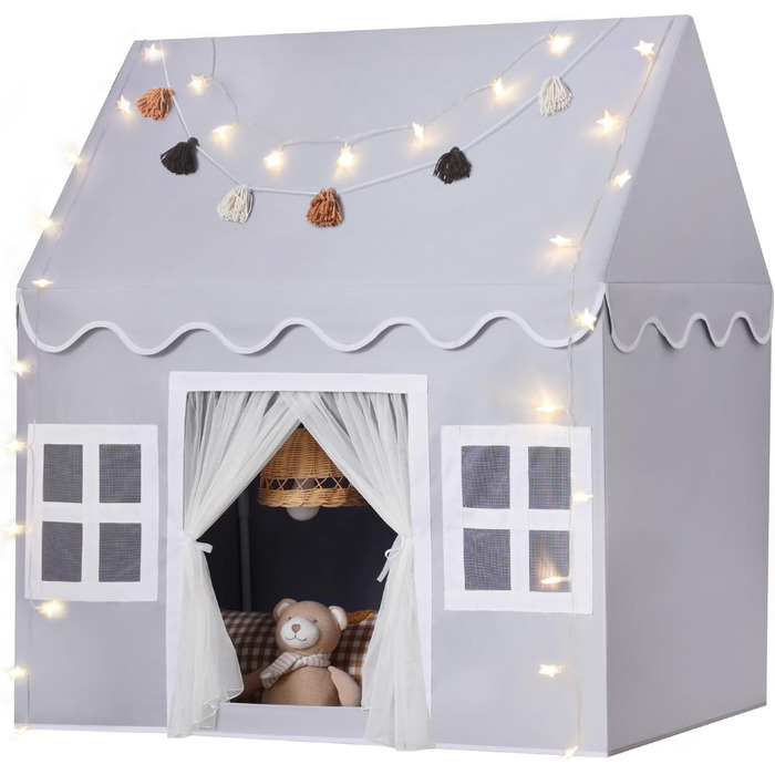 Дитячий намет Wilwolfer з килимком для малюків: Принцесин будиночок з бахромою для дівчаток та хлопчиків - Великий намет для гри в приміщенні та на вулиці (Мишачий сірий)