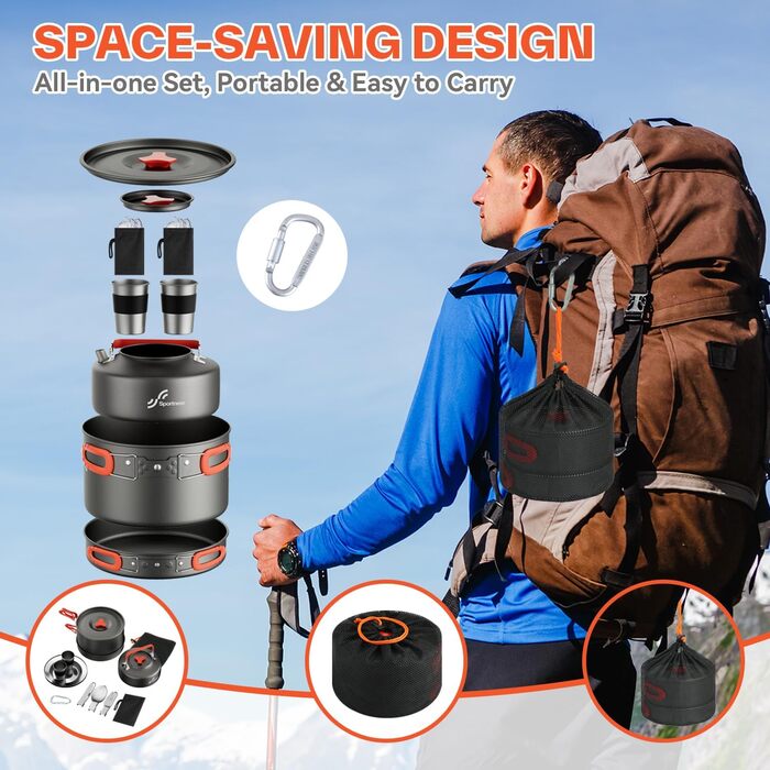 Набір посуду для кемпінгу на 2 особи: каструля, сковорода, чайник, тарілки, чашки, столові прибори (Löffel, Gabeln) для пікніків, походів та кемпінгу