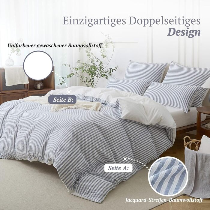 Набір постільної білизни SOULFUL 200x200, бавовна, смугастий дизайн, джинсовий колір, преміум-якість, сертифікат Öko-Tex 100, 3 шт. (200x200, 2x80x80)