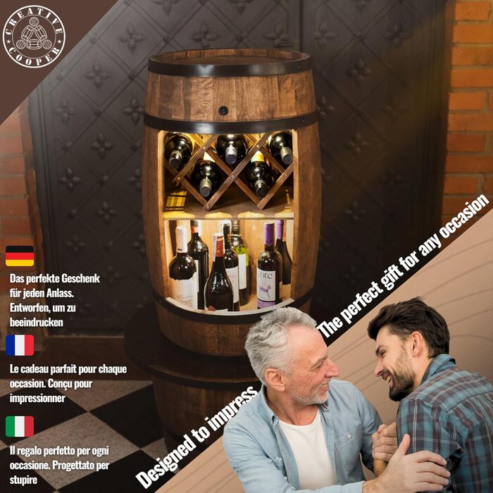 Дерев'яна винна шафа-бар Fass від Creative Cooper з LED підсвічуванням, 80x50 см - Рустичний декор для дому