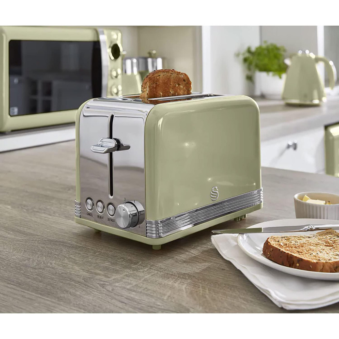 Тостер для хліба Swan Retro ST19010GRNEU широким отвором на 2 скибочки, вінтажний дизайн, 3 функції розморожування/розігрівання/скасування, 6 регуляторів рівня тостів, нержавіюча сталь, 815 Вт (зелений)