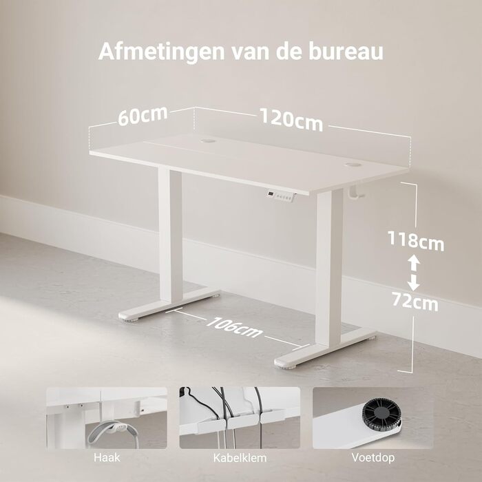 Регульований стіл Claiks для офісу, 120x60 см, білий, 80 кг, 3 положення пам'яті, з гачками