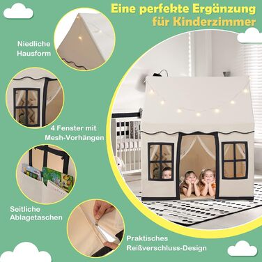 Дитячий намет DREAMADE з гірляндою та килимком, намет Тіпі, дитячий будиночок з вікнами, намет для хлопчиків та дівчаток, для дому та вулиці (Бежевий + Чорний)