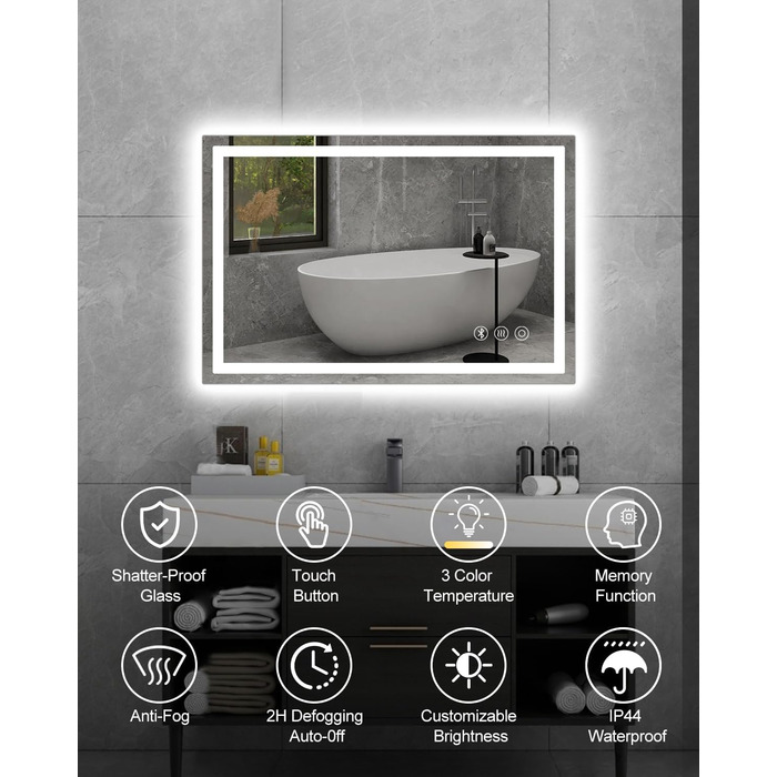 Дзеркало для ванної кімнати Habison з підсвічуванням LED, 50x70 см, сенсорне керування, регулювання яскравості, 3 колірні температури, функція пам'яті, протитуманне покриття, Bluetooth, матова центральна частина