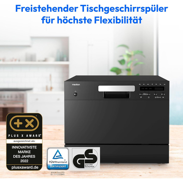 MEDION Посудомийна машина DWT60 (6 комплектів, 7 програм, ECO, AquaStop, LED дисплей, захист від дітей), чорна