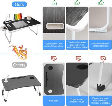 Складаний столик для ноутбука з USB-портом, з ручкою, кишенями для карток, тримачем для напоїв та висувною шухлядою (чорний)