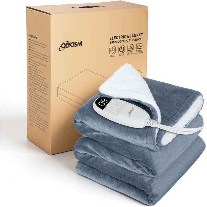 Електрична гріюча ковдра з автовимкненням, 9 температурних режимів та таймером, захист від перегріву, для дому та офісу (сіра, 180x200 см)