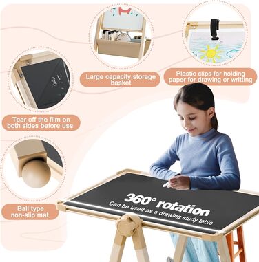 Дитяча мольберт Kinderstaffelei з двома сторонами, металева конструкція, регульована висота, обертається на 360°, дошка для малювання та письма з літерами та цифрами (жовтий)