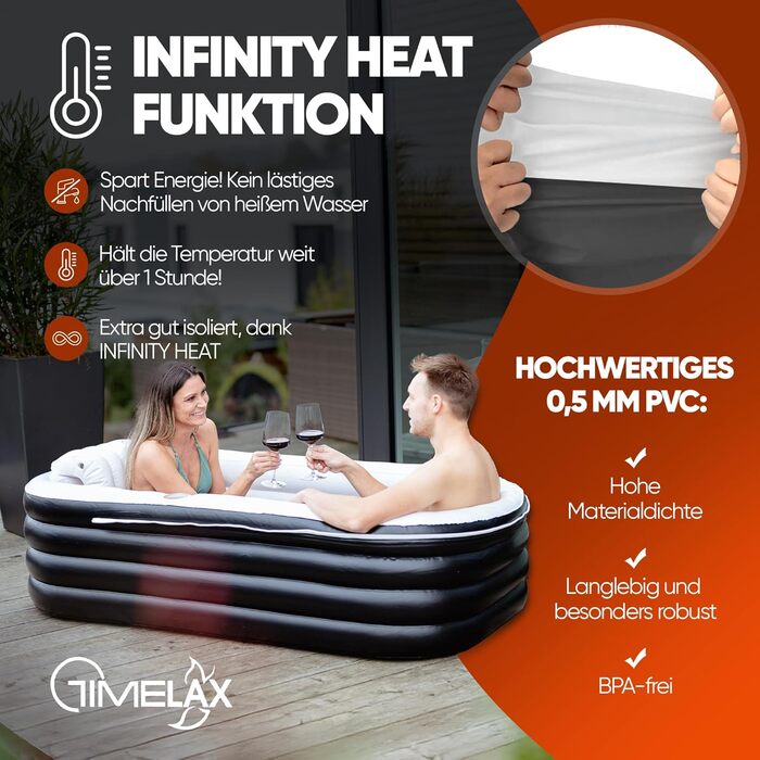 Надувна ванна TIMELAX® XL з ергономічною спинкою, 0,5 мм PVC, без BPA | Мобільна ванна для дорослих, чорна