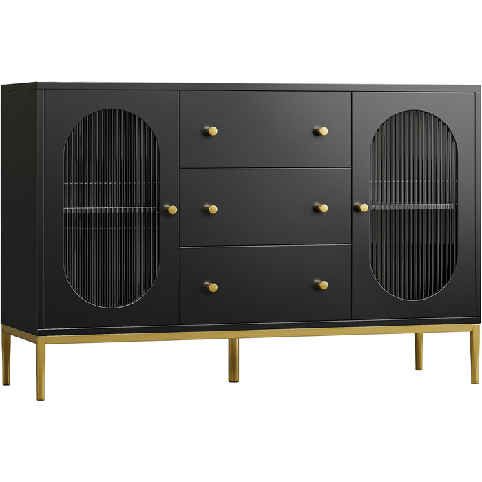 Буфет-комод FirFurd 120 см білий/чорний з робочою поверхнею та 3 ящиками | Кухонний буфет для кухні, вітальні, їдальні