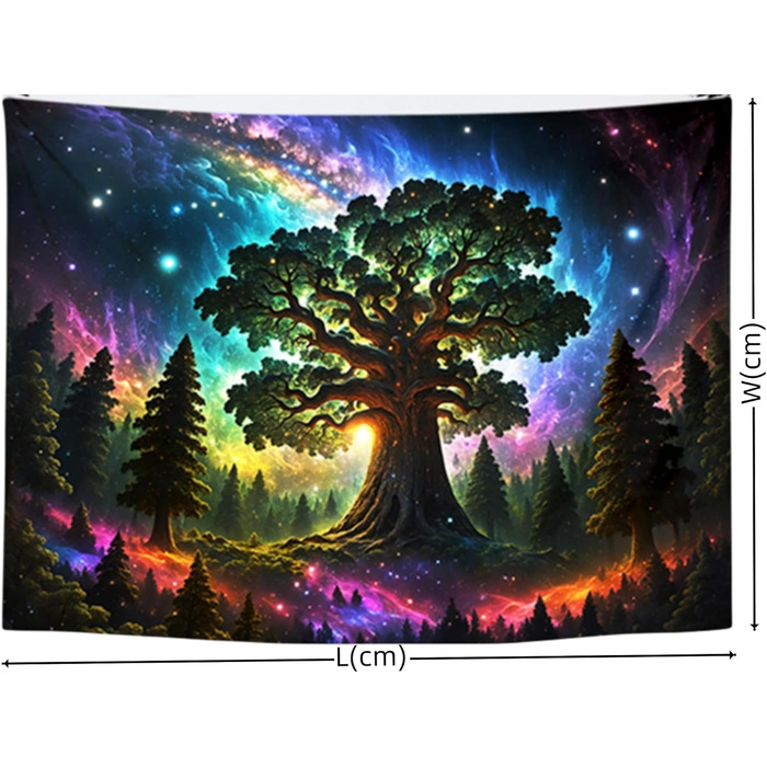 Гобелен з ультрафіолетовим випромінюванням Arsey Blacklight Forest Trippy, галактика Tree Stars, XXL 300x180см, різнокольоровий