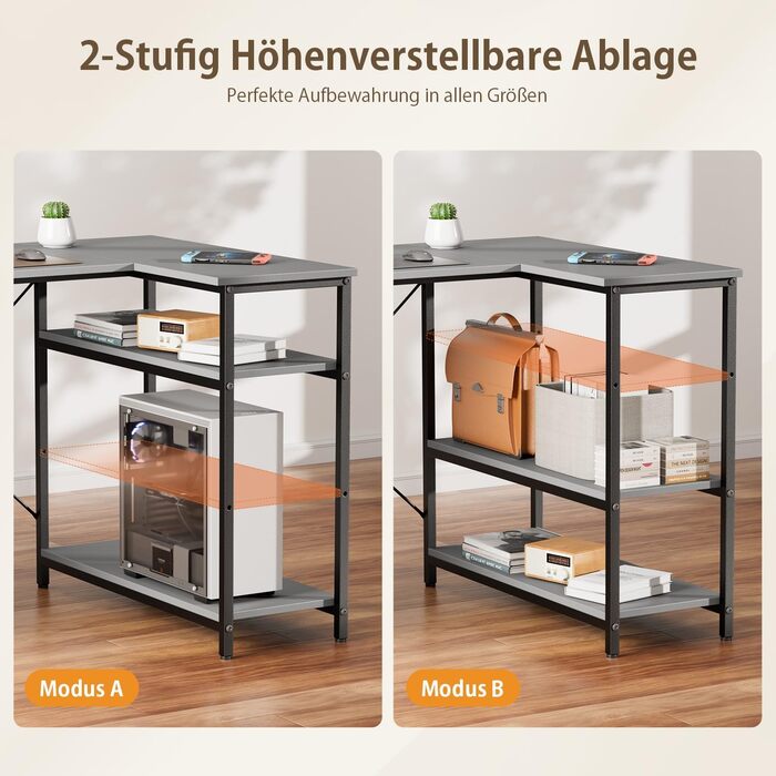 Комп'ютерний стіл HLONONE L-подібний з 3 ящиками для тканини, з полицями та бічною кишеню, для офісу, геймінгу та дому, білий (120 x 80 см, сірий)