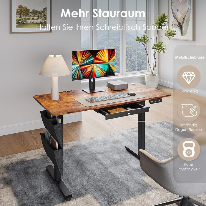 Електричний регульований стіл 120x60 см з пам'яттю висоти. Стіл для стоячи/сидячи, з висувними ящиками, коричневий, для дому/офісу/навчання.