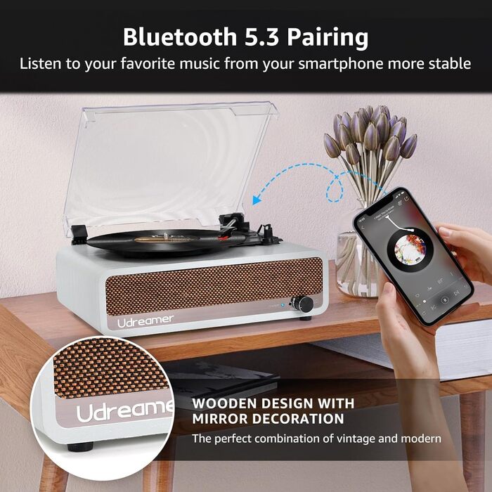 Вініловий програвач Udreamer з Bluetooth, динаміками, USB, AUX, RCA, 3 швидкості, ремінний привід, дзеркальний дизайн, білий