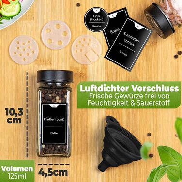 Набір банок для спецій, 24 шт, 125 мл, квадратні, з дозатором та етикетками, з нержавіючої сталі, чорний матовий