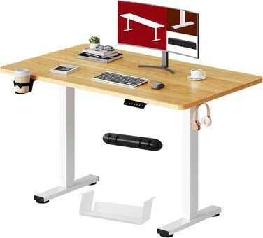 Регульований стіл Sanodesk з великою стільничною поверхнею, аксесуарами (підстаканник, гачки, органайзер, кабель-менеджмент), ергономічний для офісу та дому, шпон берези, 110x54 см, білий+шпон берези